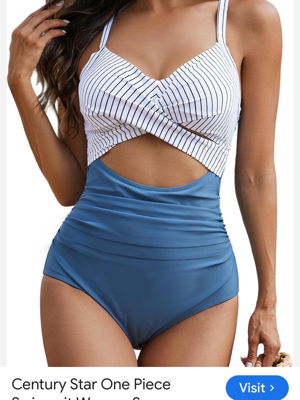 Eomenie Striped White & Teal One-Piece Swimsuit with V-Neck